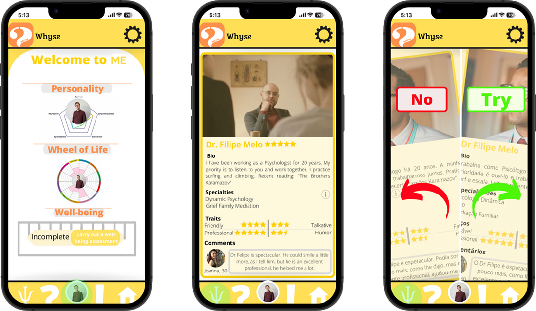 Three wireframe screens: profile, psychologist detail, and matching flow